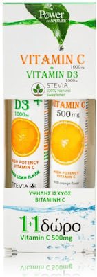 Power Of Nature Vitamin C 1000mg & Vitamin D3 1000iu Stevia + Vitamin C 500mg Βιταμίνη για Ενέργεια & Ανοσοποιητικό 1000iu 1000mg Πορτοκάλι 44 αναβράζοντα δισκία