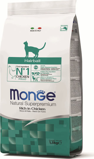 Monge Natural Superpremium Hairball Ξηρά Τροφή για Ενήλικες Γάτες με Κοτόπουλο 1.5kg