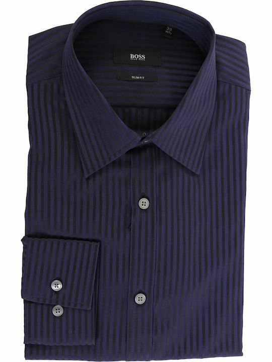 Hugo Boss Men's Shirt Long Sleeve Cotton Striped Purple