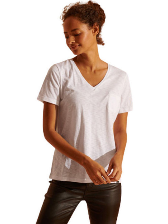 Superdry Scripted Damen T-shirt mit V-Ausschnitt Weiß