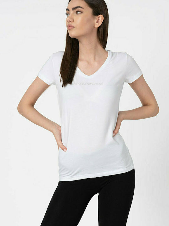Emporio Armani Damen T-Shirt mit V-Ausschnitt Weiß