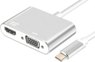 Powertech Convertor USB-C masculin în HDMI / VGA feminin Argint (PTH-041)