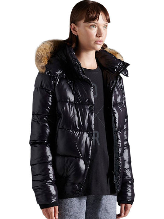High Shine Toya Κοντό Γυναικείο Puffer Μπουφάν με Γούνινη Κουκούλα για Χειμώνα Μαύρο