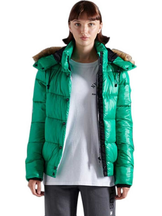 High Shine Toya Κοντό Γυναικείο Puffer Μπουφάν με Γούνινη Κουκούλα για Χειμώνα Πράσινο