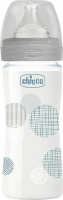 Chicco Γυάλινο Μπιμπερό Well Being Κατά των Κολικών με Θηλή Σιλικόνης 240ml για 0+ μηνών Grey Circles