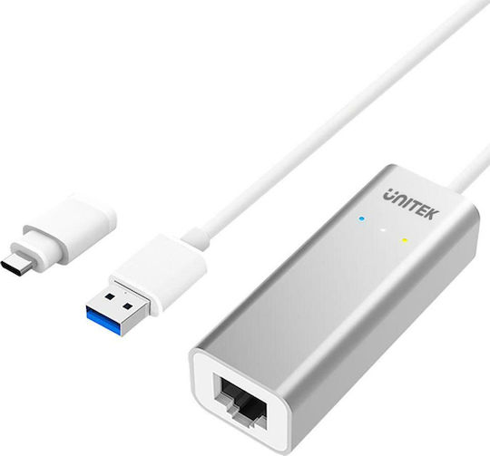 Unitek USB 3.0 Aluminium Gigabit Ethernet adapter With USB-C Adaptor Αντάπτορας Δικτύου USB-C με Ενσύρματη Σύνδεση Gigabit Ethernet
