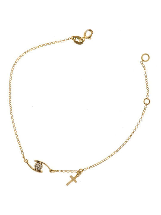 Distinctive gold plated silver bracelet with eye of cubic zirconia stones and cross pendant