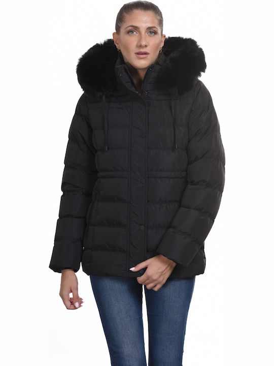 Biston Kurz Damen Puffer Jacke mit pelziger Kapuze für Winter Schwarz