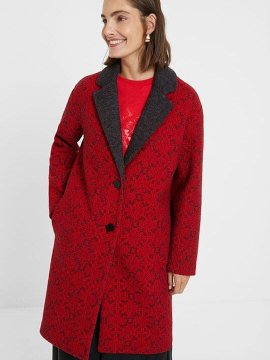 Desigual Aren Γυναικείο Κόκκινο Παλτό με Κουμπιά