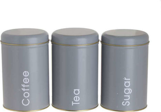 Click Set of 3 Metal Grey Coffee Sugar and Tea Storage Jars with Lid 10x10x16cm