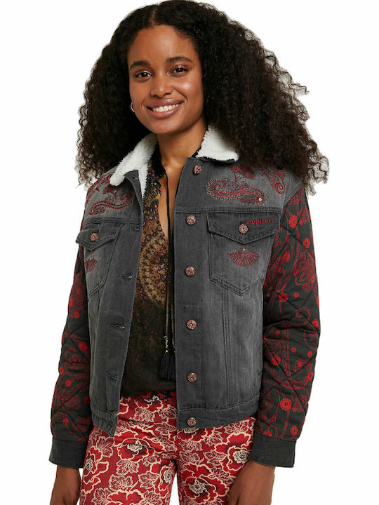 Quilt Bimaterial Kurz Damen Jeansjacke Schwarz