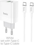 Hoco Φορτιστής με Θύρα USB-A και Καλώδιο USB-C 18W Power Delivery / Quick Charge 3.0 Λευκός (C80A Rapido)