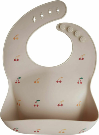 Mushie Cherries Waterproof Bib Silicone with Button & Pocket White