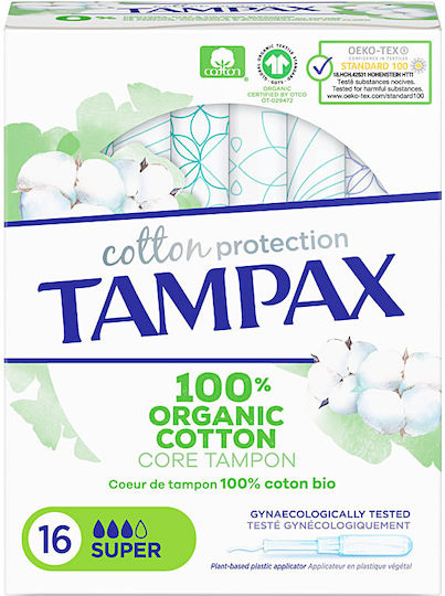 Tampax Tampons Cotton Protection 100% Organic Super with Applicator for Heavy Flow 16pcs