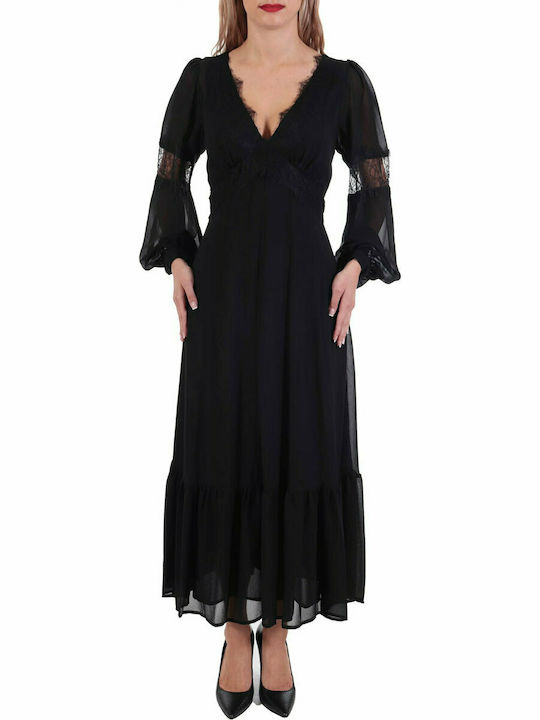 Michael Kors Georgette Maxi Βραδινό Φόρεμα με Δαντέλα Μαύρο