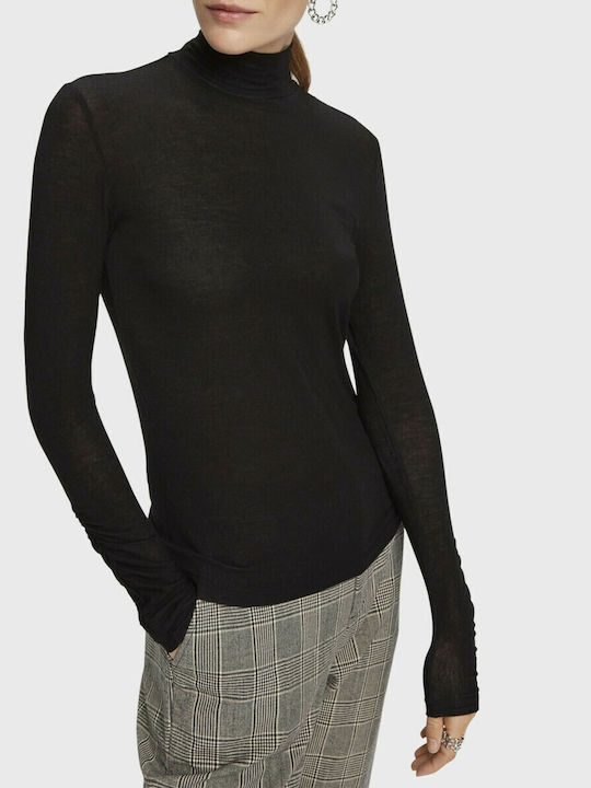 Women's Blouse Cotton Long Sleeve Turtleneck Black