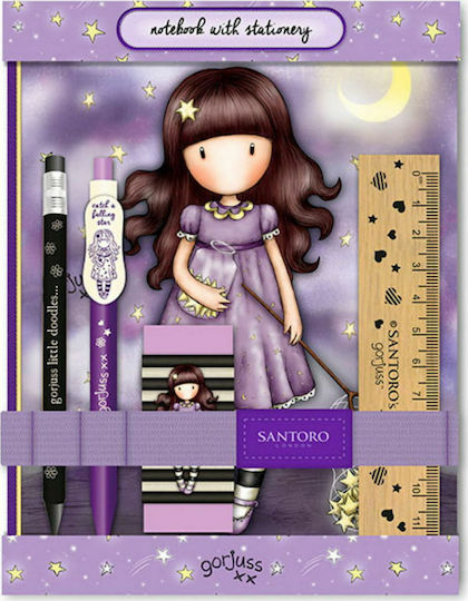 Santoro Sparkle & Bloom Kinder Schreibwarenset mit Radiergummi, Notizbuch, Kugelschreiber, Mechanischer Bleistift und Lineal 5Stück
