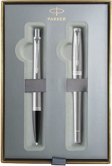 Parker Urban Core Metro Pen Set Rollerball with Fountain Pen made of Steel Metallic CT in a case (in a paper cassette)