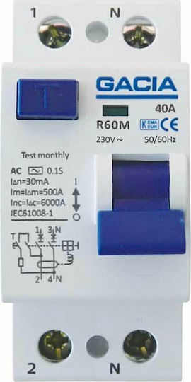 Gacia Phase 2-Pole Earth Leakage Relay 40A 230V 2Χ40Α 30mΑ