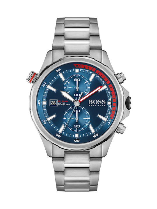 Boss Globetrotter Ανδρικό Ρολόι 46mm Χρονογράφος Μπαταρίας με Ασημί Μεταλλικό Μπρασελέ