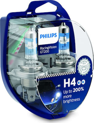 Philips Λάμπες Αυτοκινήτου Racing Vision GT200 H4 Αλογόνου 3600K Θερμό Λευκό 12V 55W 2τμχ