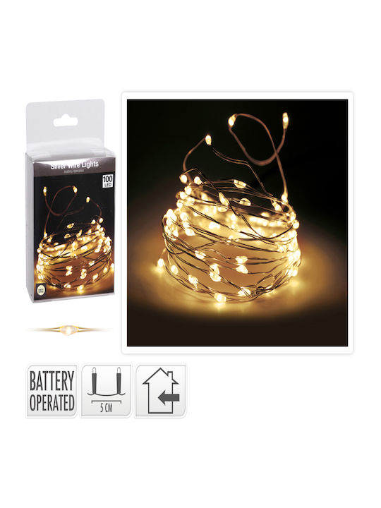 100 Weihnachtslichter LED Warmes Weiß Batterie vom Typ Zeichenfolge mit Silbernes Kabel Koopman