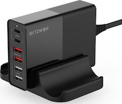 BlitzWolf Stație de încărcare cu 4 porturi USB-A și 2 porturi USB-C 75W Încărcare rapidă 3.0 / Livrarea energiei în culoarea Negru (BW-S16)