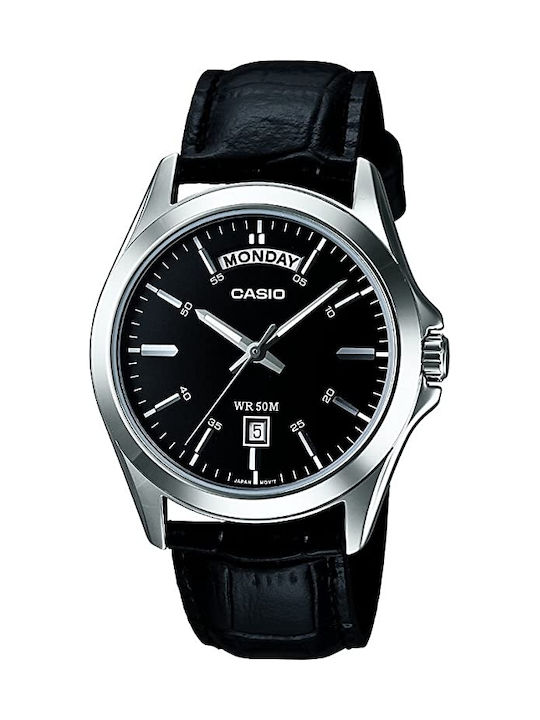 Casio Day Date Ανδρικό Ρολόι 39.8mm Μπαταρίας με Μαύρο Δερμάτινο Λουράκι
