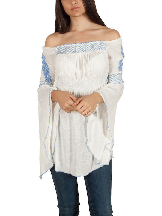 Free People OB770037 Women's Summer Blouse Long Sleeve with Smile Neckline White ob770037