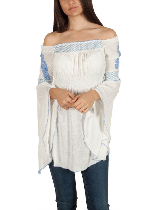 Free People OB770037 Damen Sommerliche Bluse Langärmelig mit Smiley-Ausschnitt Weiß ob770037