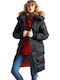 Superdry Chinook Lang Damen Puffer Jacke mit pelziger Kapuze für Winter Schwarz