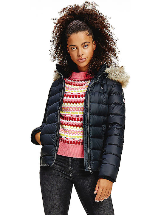 Tommy Hilfiger Women's Short Puffer Jacket for Winter with Hood Black