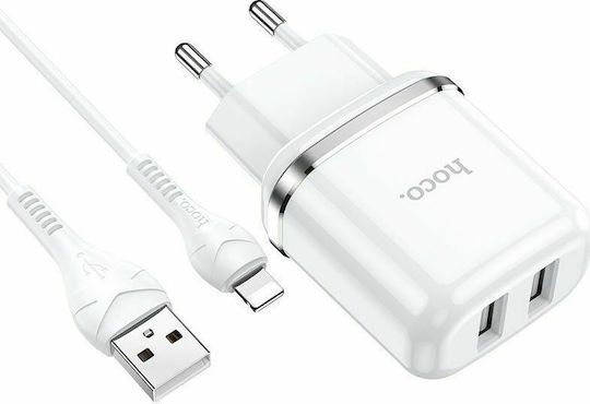 Hoco с 2 USB-A порта и кабел Lightning Бял (N4 Aspiring)