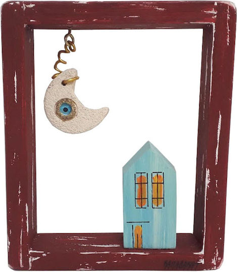 Kapadakis Wood Art Wanddekoration Haus Mit Keramischem Mond Handgefertigt Bordeaux Aus Hölzernes 12.5x3x15cm