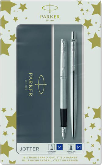 Jotter Core Pen Set Ballpoint Medium with Fountain Pen Medium made of Steel Silver in a case (in a paper cassette)