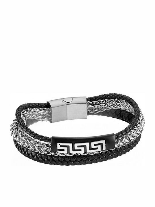 Black leather and steel bracelet BR-ART00409BL