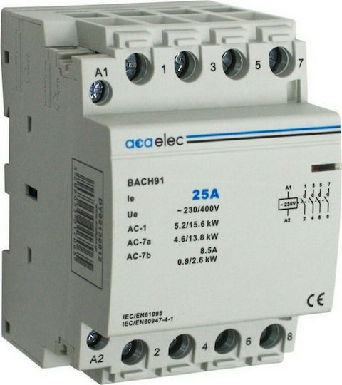 Aca Ρελέ Ράγας Ισχύος 25A Τετραπολικό με Τάση 230V 4NO 3M 220V-400V