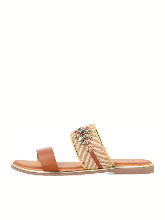 59831 Leather Women's Flat Sandals in Tabac Brown Color