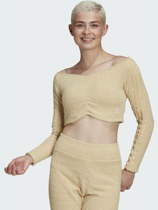 Adidas Damen Crop Top Schulterfrei Langärmelig Beige