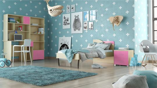Σετ Παιδικού Δωματίου Bogen Rosa Eiche 5Stück mit Bett für Matratze 90x190cm