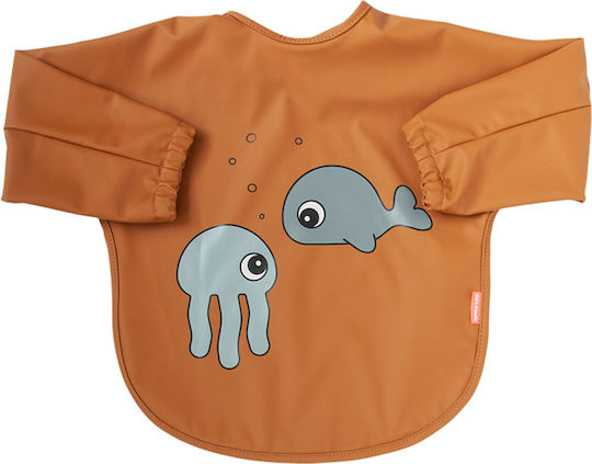 Done by Deer Αδιάβροχη Ποδιά Πλαστική με Αυτοκόλλητο Sea Friends με Μανίκια Mustard για 6 m+