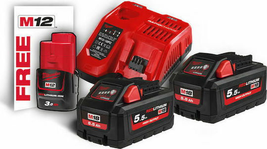 Milwaukee Set 2 Baterii Unelte Litiu 18V Capacitate 5.5Ah cu Încărcător M18 HNRG-552
