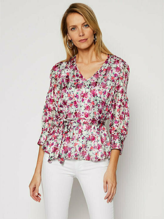 Guess Women's Blouse Long Sleeve with V Neck Floral Fuchsia