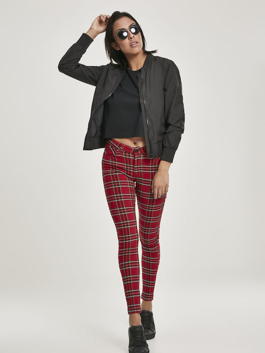 Urban Classics Γυναικείο Υφασμάτινο Παντελόνι Skinny Fit Καρό Κόκκινο