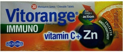 Uni-Pharma Vitorange Immuno Vitamin C + Zn Βιταμίνη για Ενέργεια & Ανοσοποιητικό Πορτοκάλι 30 μασώμενες ταμπλέτες