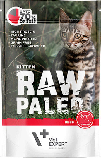 VetExpert Raw Paleo Kitten Beef Wet Food for Young Cats in Pouches with Calf Diet, Gluten-Free 100gr