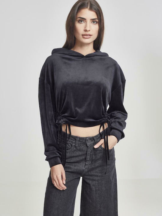 Cropped Hanorac pentru femei Catifea Cu glugă Negru