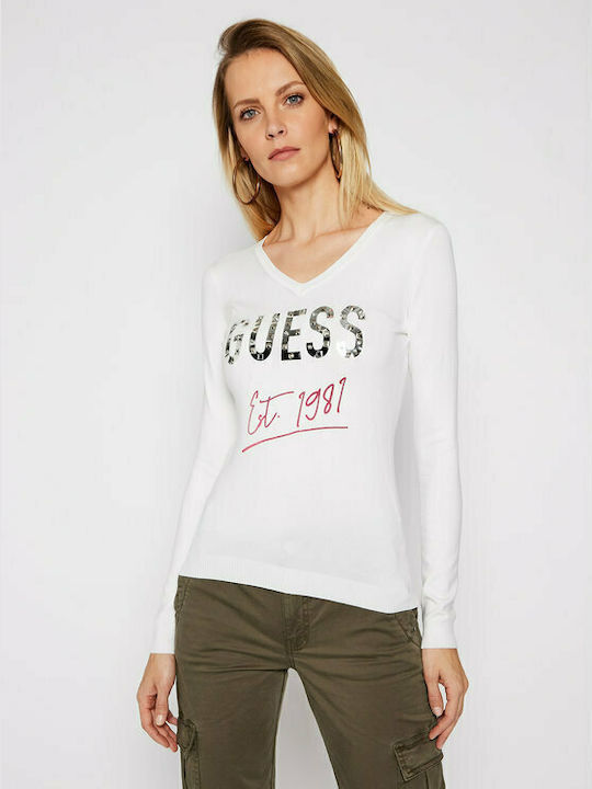 Guess Women's Blouse Long Sleeve with V Neckline White