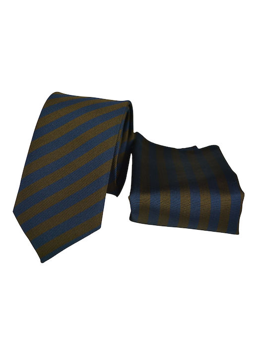 Set cravată și batistă de mătase, albastru cu maro7 cm