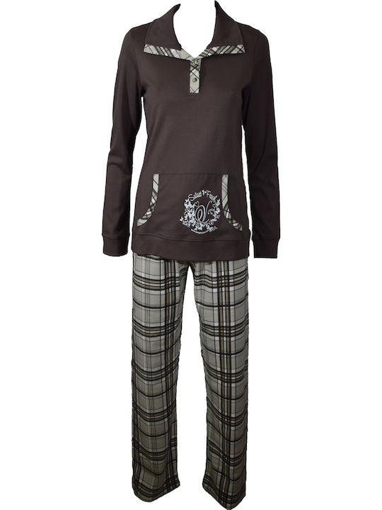 Vamp Winter Damen Pyjama-Set Baumwolle Braun 8932